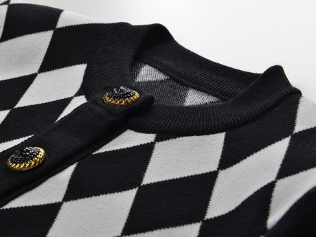 Cardigan - Classic Silhouette - Harlequin Pattern - Bold Contrast - Relaxed Fit - Gold Button Accents
