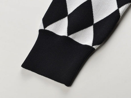 Cardigan - Classic Silhouette - Harlequin Pattern - Bold Contrast - Relaxed Fit - Gold Button Accents