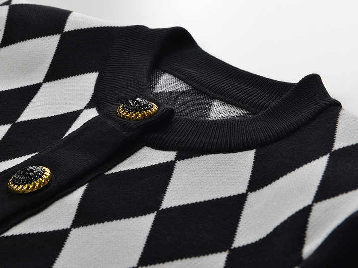 Cardigan - Classic Silhouette - Harlequin Pattern - Bold Contrast - Relaxed Fit - Gold Button Accents