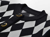 Cardigan - Classic Silhouette - Harlequin Pattern - Bold Contrast - Relaxed Fit - Gold Button Accents