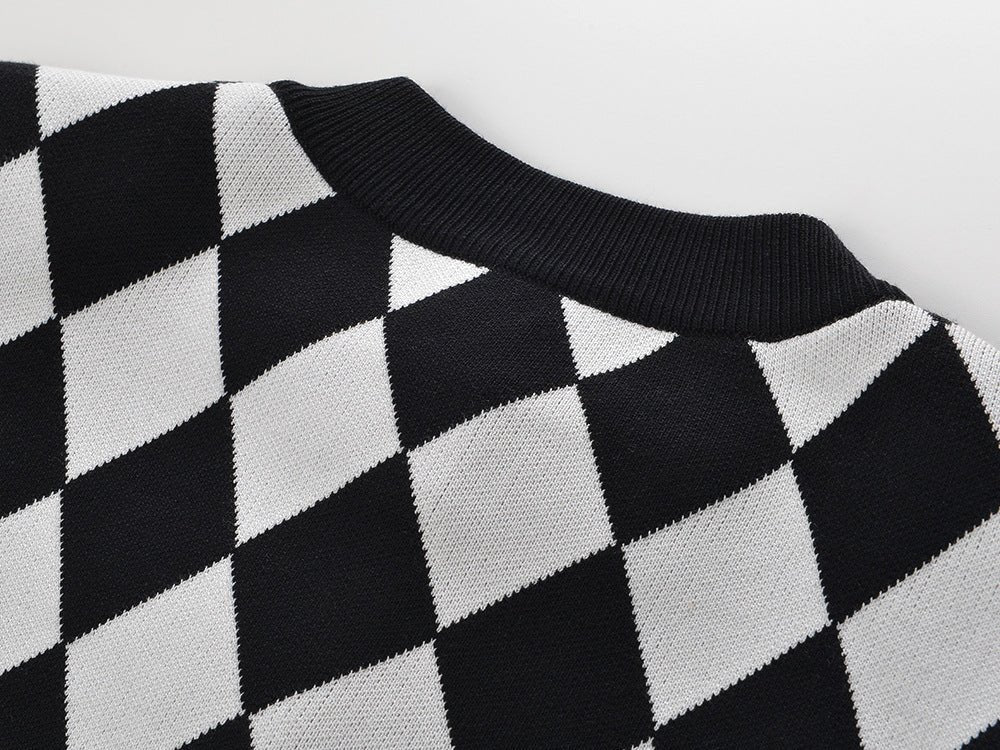 Cardigan - Classic Silhouette - Harlequin Pattern - Bold Contrast - Relaxed Fit - Gold Button Accents