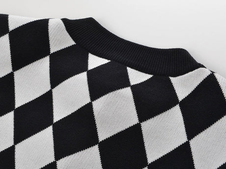 Cardigan - Classic Silhouette - Harlequin Pattern - Bold Contrast - Relaxed Fit - Gold Button Accents