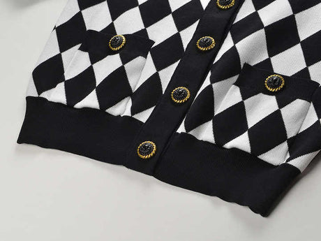 Cardigan - Classic Silhouette - Harlequin Pattern - Bold Contrast - Relaxed Fit - Gold Button Accents