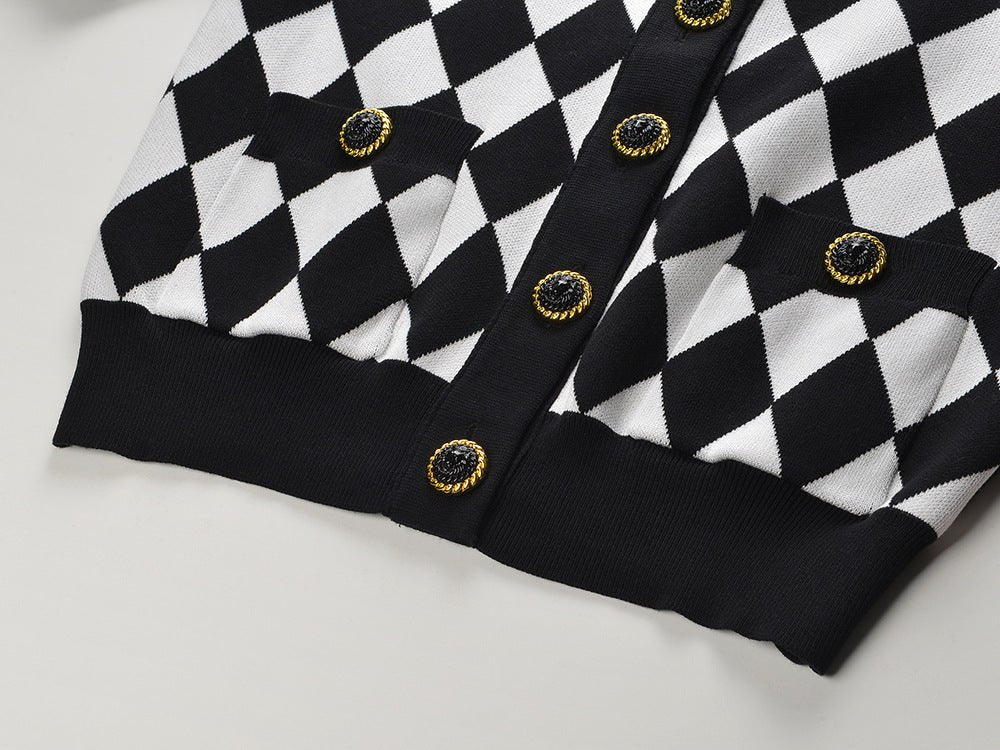 Cardigan - Classic Silhouette - Harlequin Pattern - Bold Contrast - Relaxed Fit - Gold Button Accents