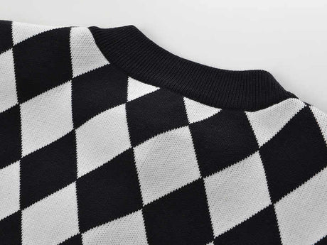 Cardigan - Classic Silhouette - Harlequin Pattern - Bold Contrast - Relaxed Fit - Gold Button Accents