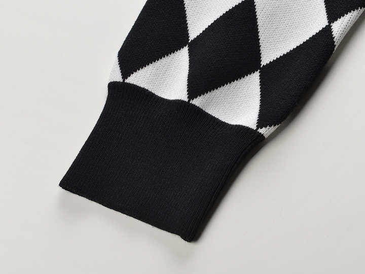 Cardigan - Classic Silhouette - Harlequin Pattern - Bold Contrast - Relaxed Fit - Gold Button Accents