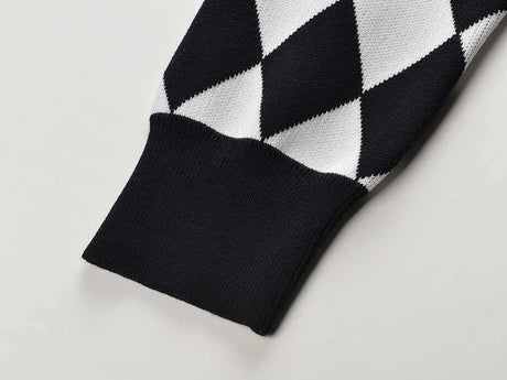 Cardigan - Classic Silhouette - Harlequin Pattern - Bold Contrast - Relaxed Fit - Gold Button Accents