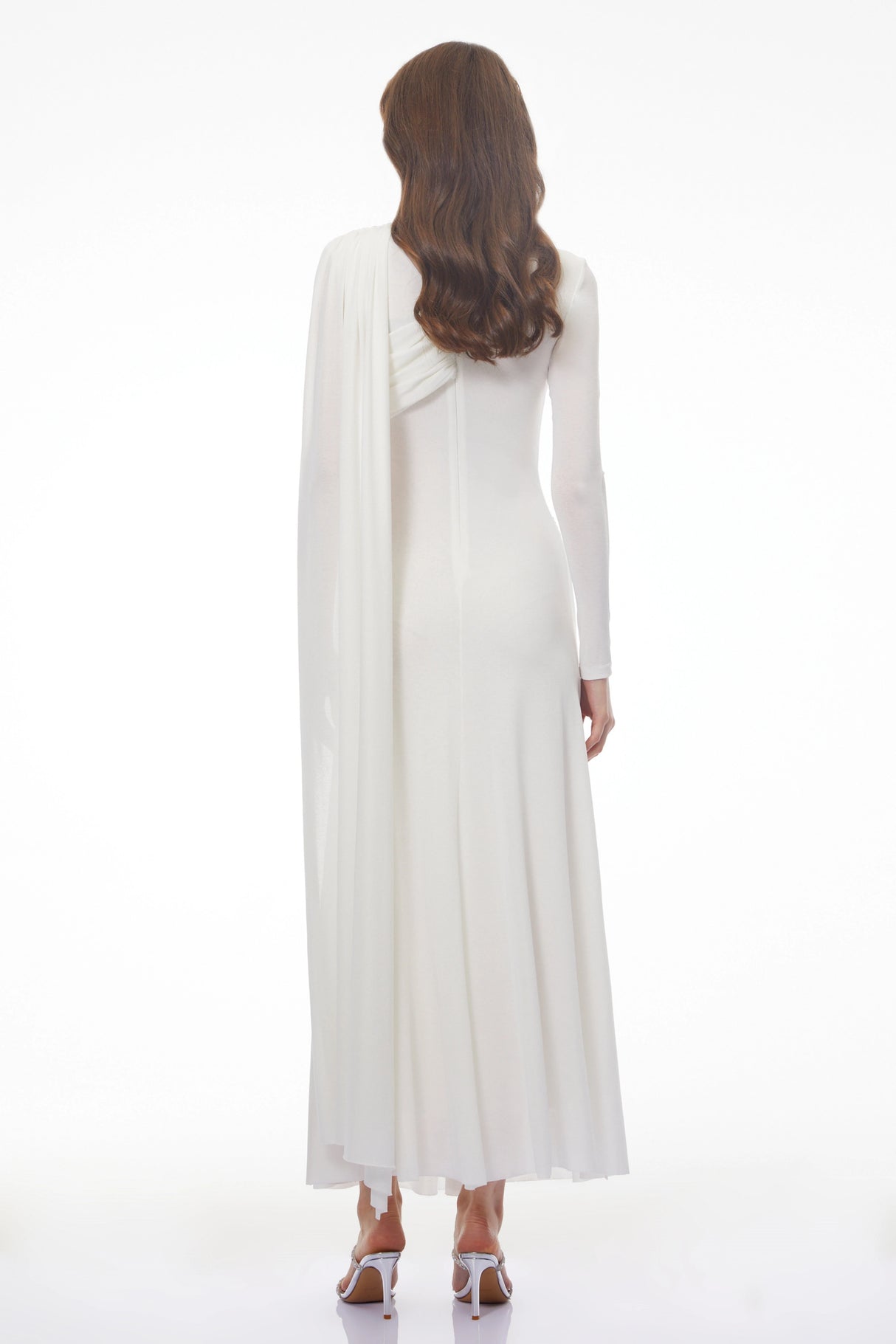 Carina White Asymmetrical Maxi Dress with Cape Sleeves