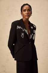Carla Blazer - Peak Lapels - Long Buttoned - Cuff Sleeves - Pattern Embroidery - Front Button Fastening