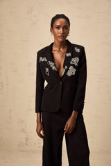 Carla Blazer - Peak Lapels - Long Buttoned - Cuff Sleeves - Pattern Embroidery - Front Button Fastening