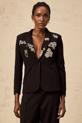 Carla Blazer - Peak Lapels - Long Buttoned - Cuff Sleeves - Pattern Embroidery - Front Button Fastening