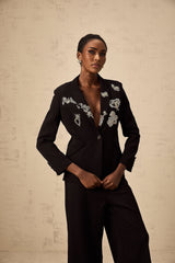 Carla Blazer - Peak Lapels - Long Buttoned - Cuff Sleeves - Pattern Embroidery - Front Button Fastening