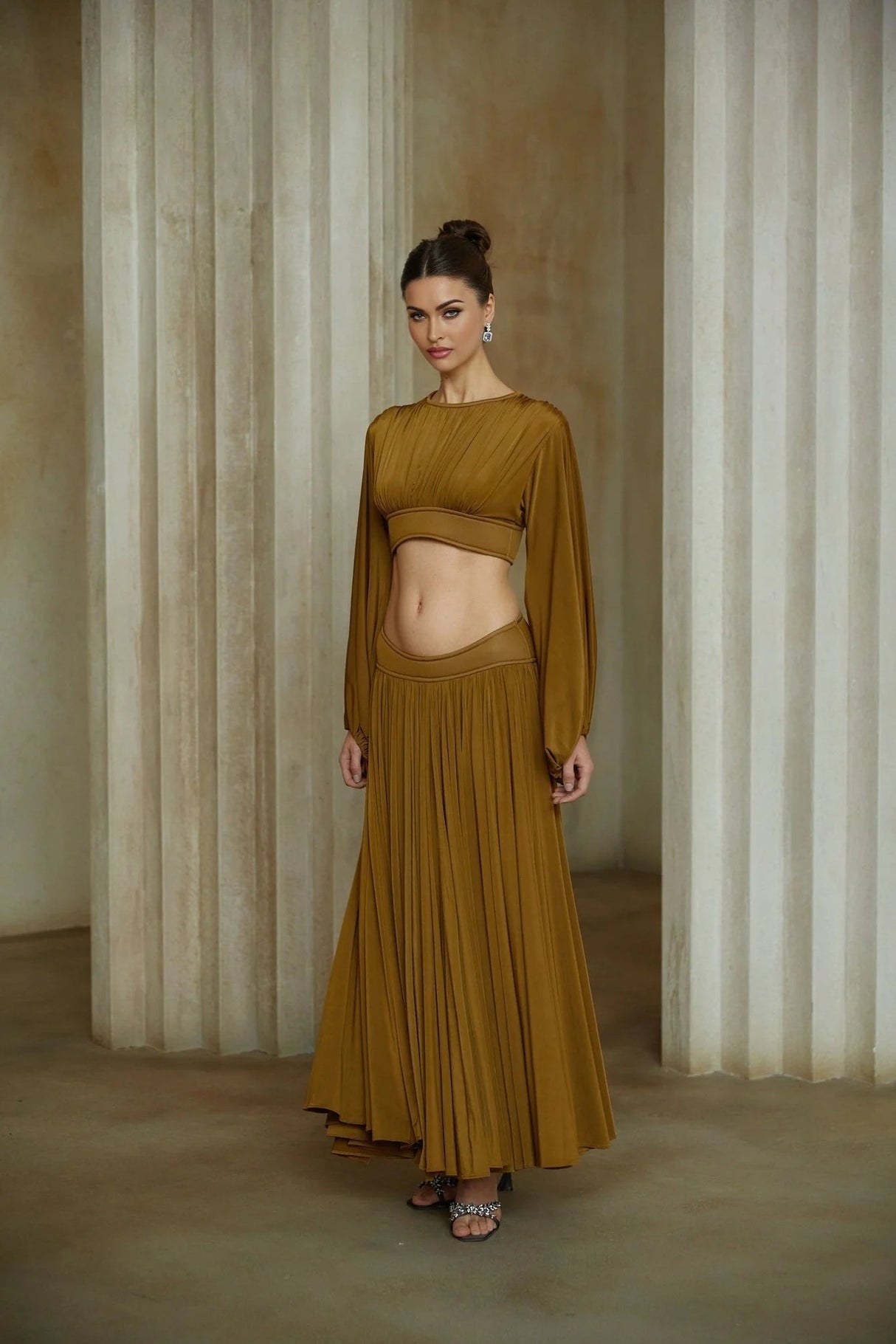 Carlotta Blouse & Skirt Set Green Pleated Maxi