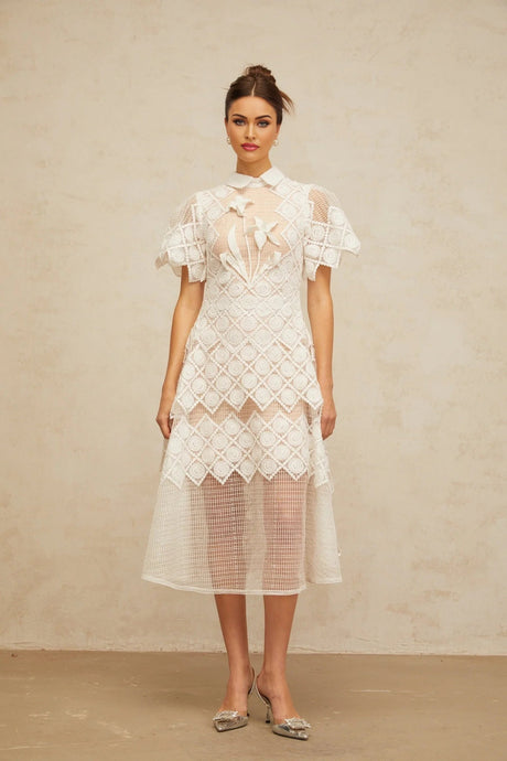 Carlotta Midi Dress White Floral Embroidered Tulle Sheer Cut - out & Cinched