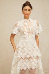 Carlotta Midi Dress White Floral Embroidered Tulle Sheer Cut - out & Cinched