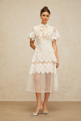 Carlotta Midi Dress White Floral Embroidered Tulle Sheer Cut - out & Cinched
