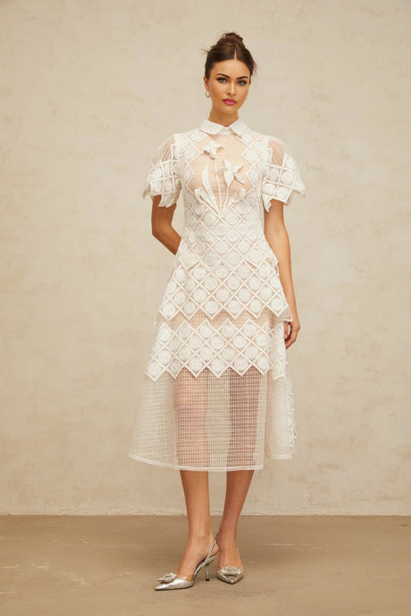 Carlotta Midi Dress White Floral Embroidered Tulle Sheer Cut - out & Cinched