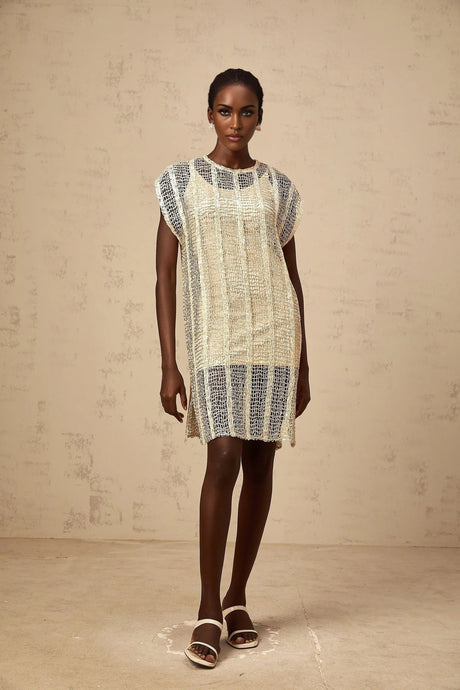 Carlotta Mini Dress Gold Sequin Cut - Out Basket Weave Shift & Slip Thigh - Length
