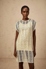 Carlotta Mini Dress Gold Sequin Cut - Out Basket Weave Shift & Slip Thigh - Length