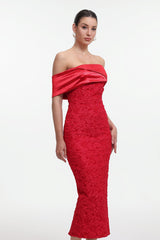 Carlotta Red Floral Jacquard Off-Shoulder Maxi Dress