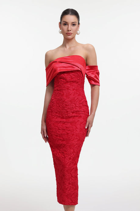 Carlotta Red Jacquard Floral Off-Shoulder Maxi Dress