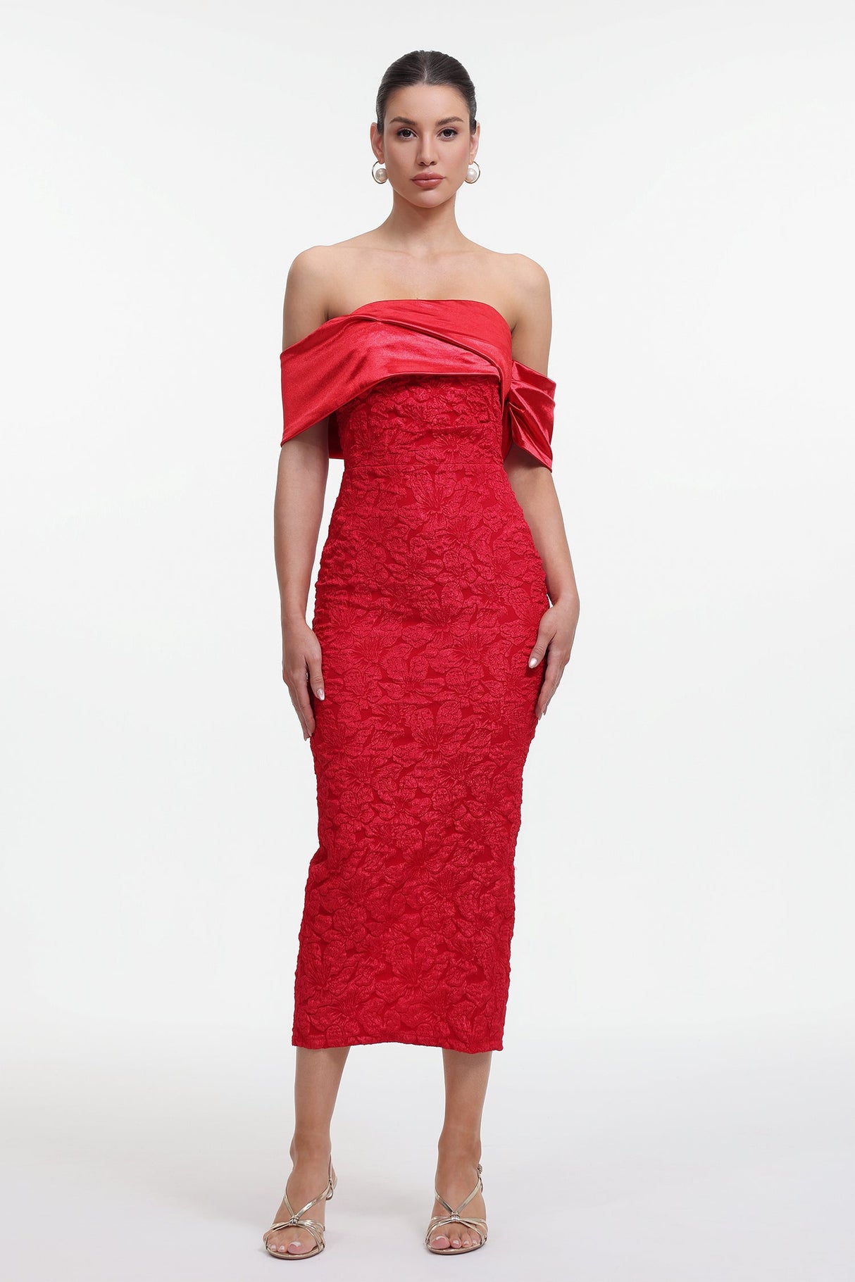 Carlotta Red Off-Shoulder Floral Jacquard Maxi Dress