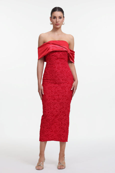 Carlotta Red Off-Shoulder Floral Jacquard Maxi Dress