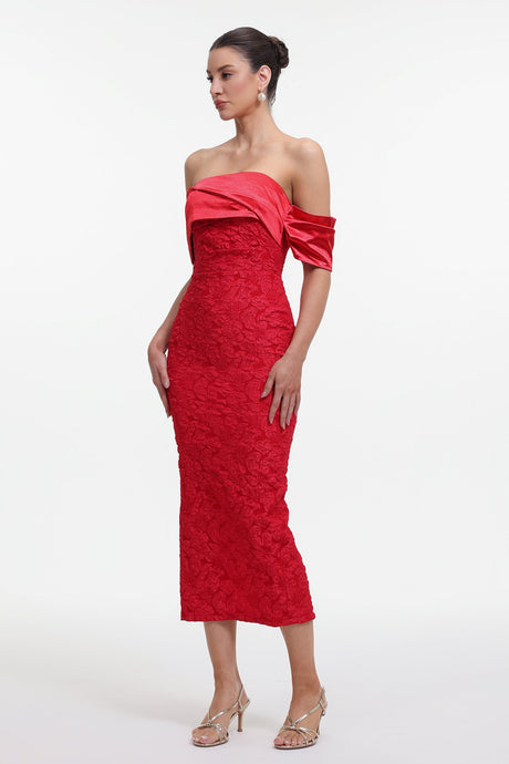 Carlotta Red Off-Shoulder Floral Jacquard Maxi Dress