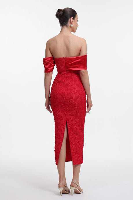 Carlotta Red Off-Shoulder Floral Jacquard Maxi Dress