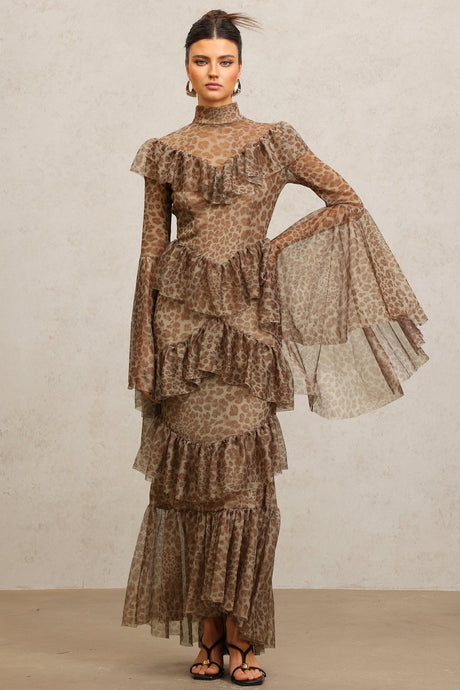 Carly Brown Leopard Print Maxi Dress with Bell Sleeves and Ruffles