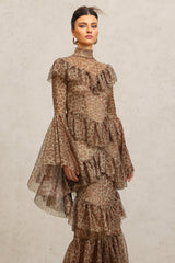 Carly Brown Leopard Print Maxi Dress with Bell Sleeves and Ruffles