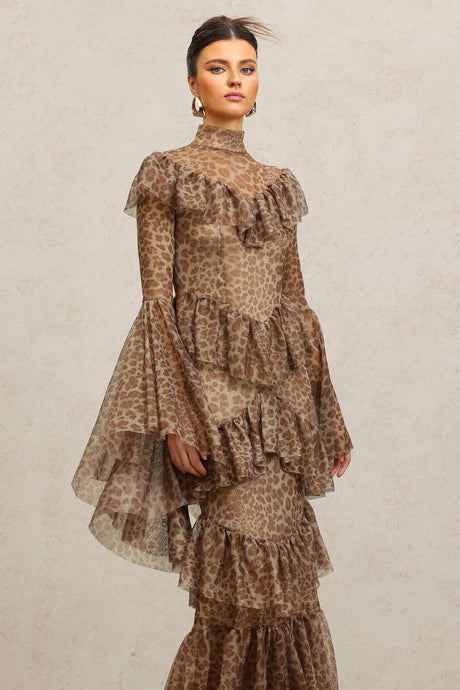 Carly Brown Leopard Print Maxi Dress with Bell Sleeves and Ruffles