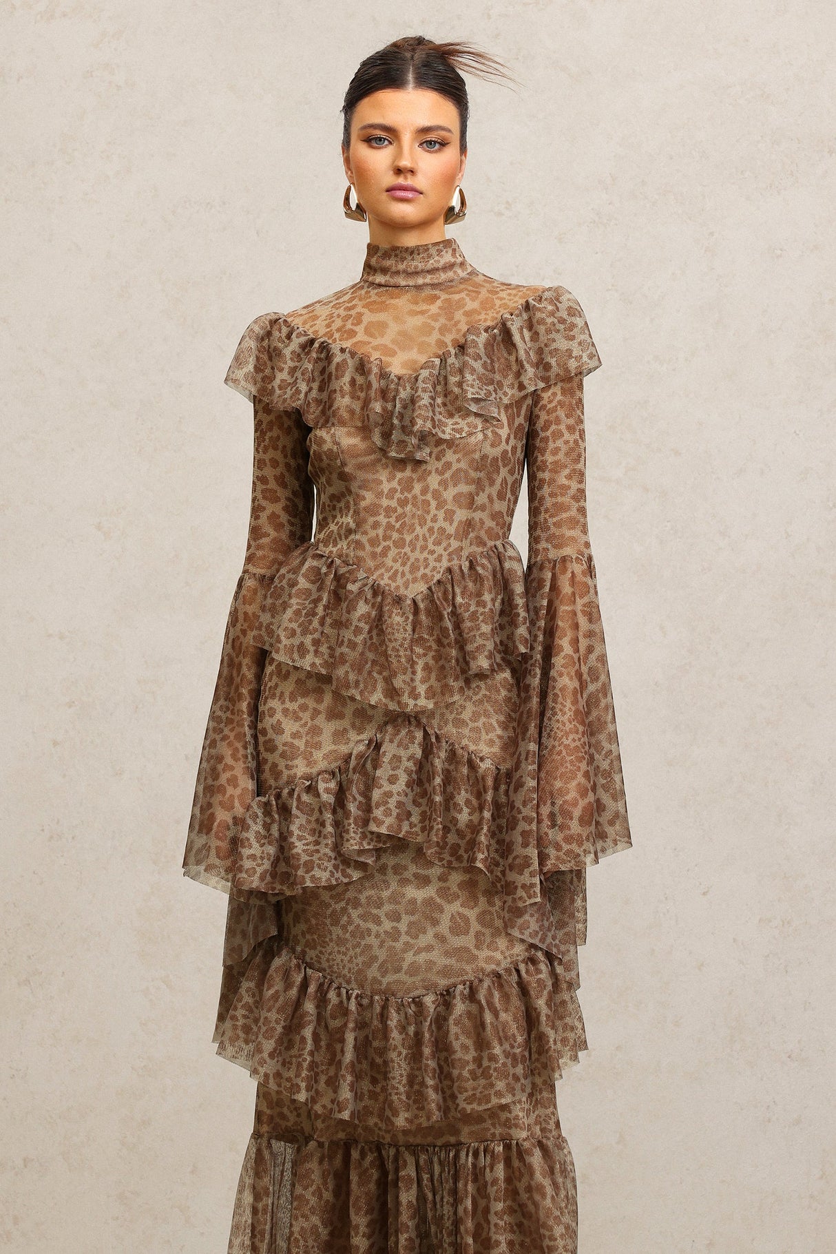 Carly Brown Leopard Print Maxi Dress with Bell Sleeves and Ruffles