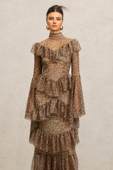 Carly Brown Leopard Print Maxi Dress with Bell Sleeves and Ruffles