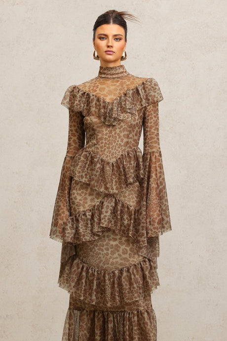 Carly Brown Leopard Print Maxi Dress with Bell Sleeves and Ruffles