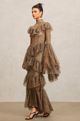 Carly Brown Leopard Print Maxi Dress with Bell Sleeves and Ruffles
