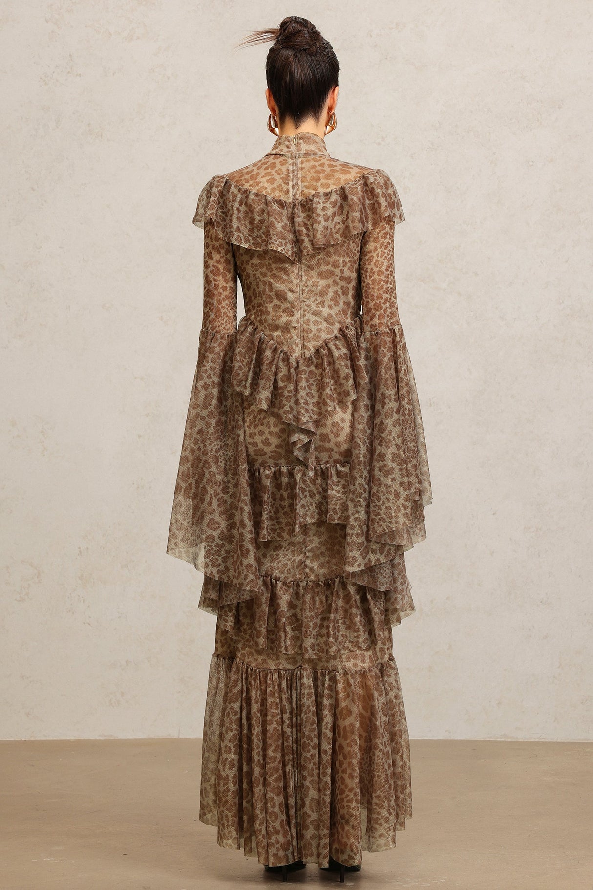 Carly Brown Leopard Print Maxi Dress with Bell Sleeves and High Neckline