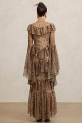 Carly Brown Leopard Print Maxi Dress with Bell Sleeves and High Neckline