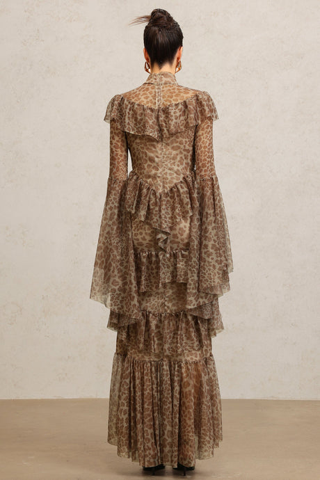 Carly Brown Leopard Print Maxi Dress with Bell Sleeves and High Neckline
