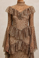 Carly Brown Leopard Print Maxi Dress with Bell Sleeves and Ruffles