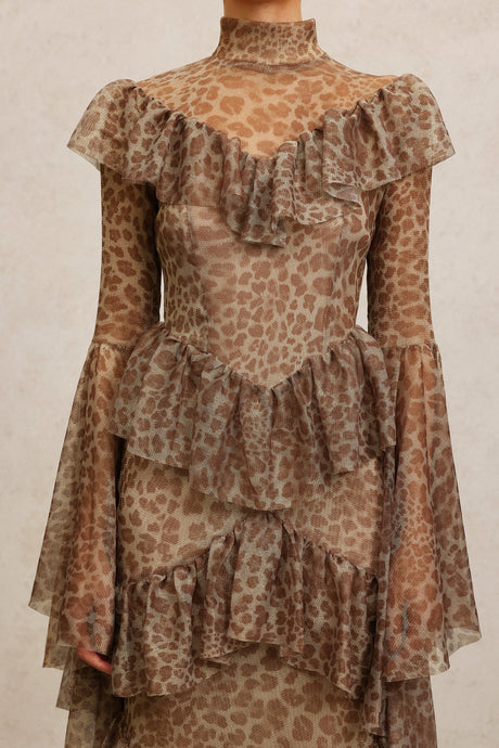 Carly Brown Leopard Print Maxi Dress with Bell Sleeves and Ruffles