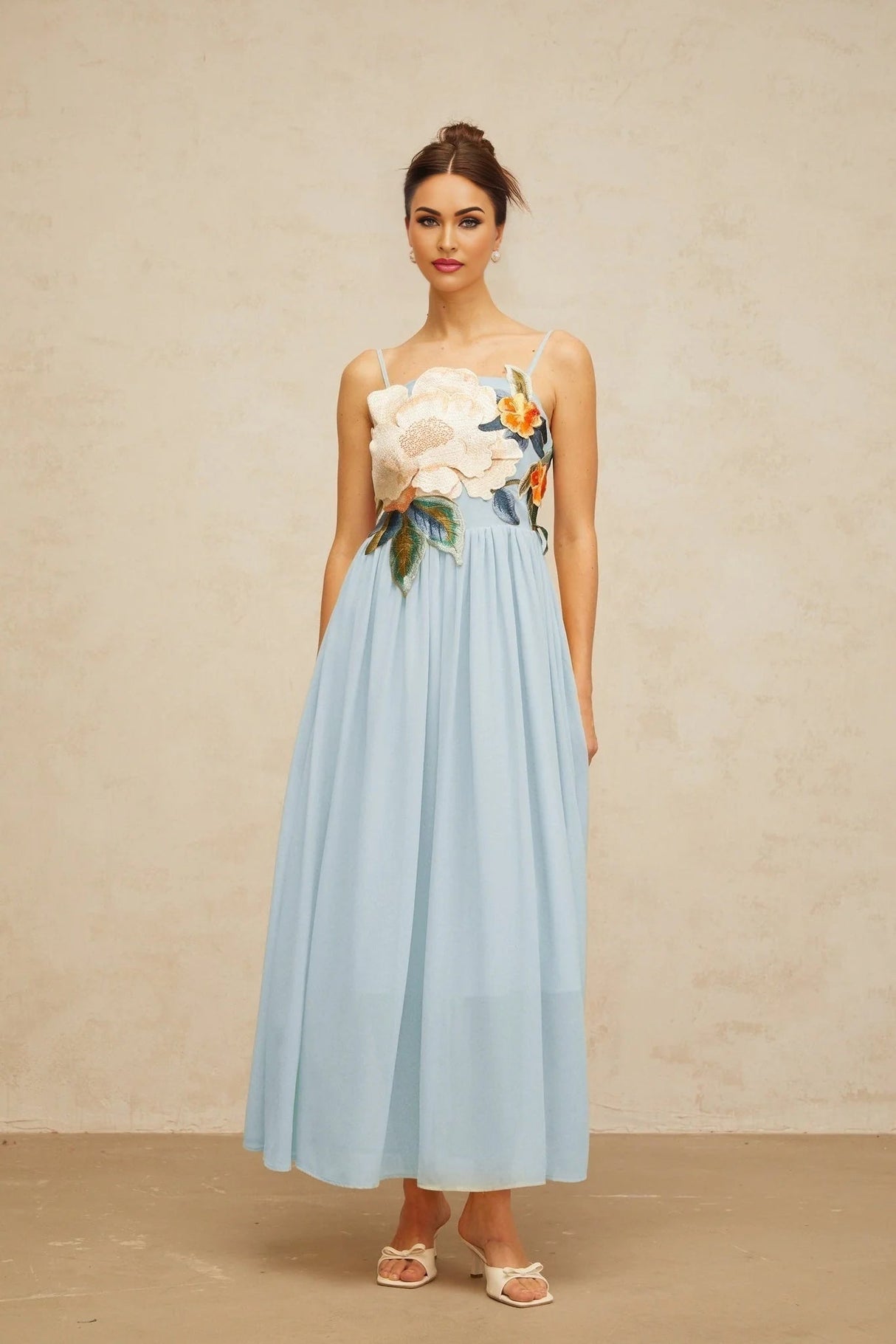 Carly Maxi Dress Blue Floral Embroidered Shirred Square Neck & Sleeveless