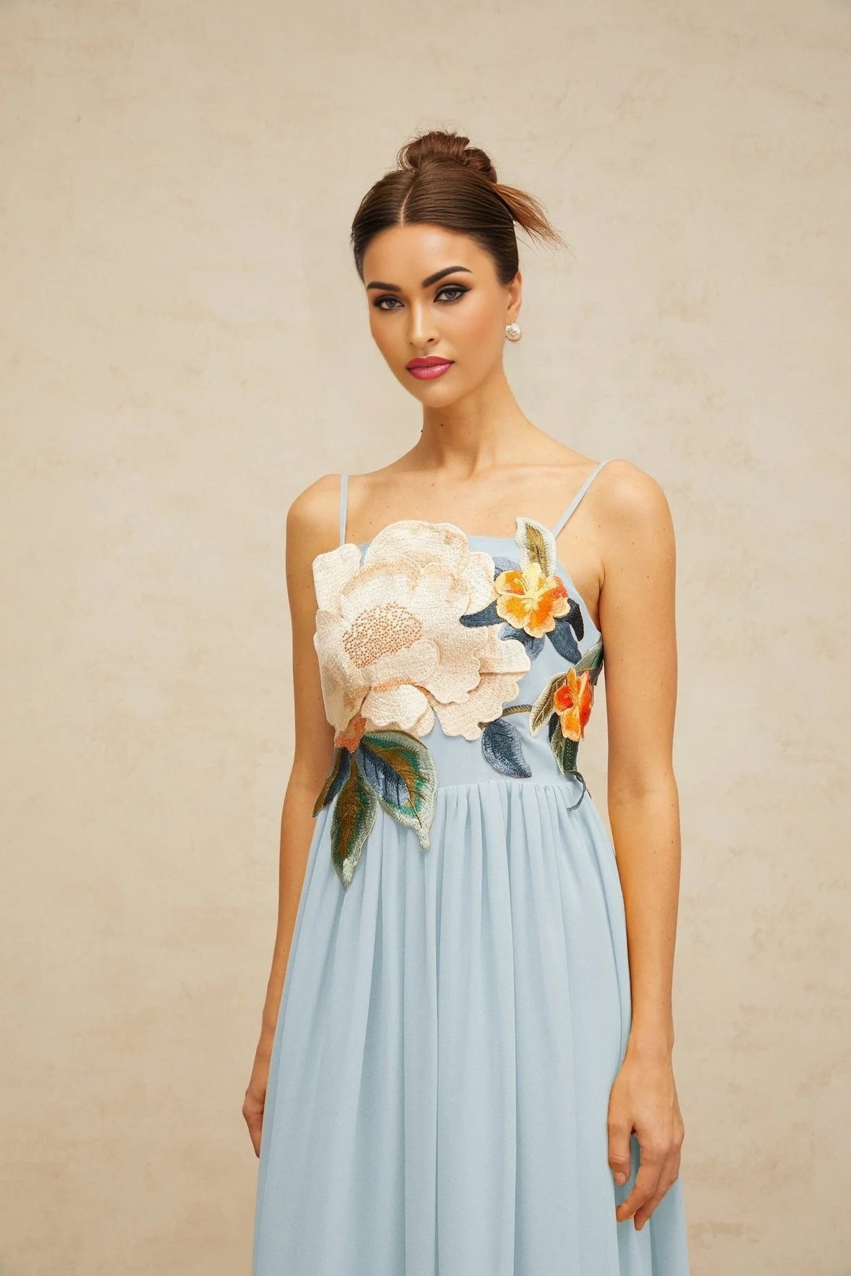 Carly Maxi Dress Blue Floral Embroidered Shirred Square Neck & Sleeveless