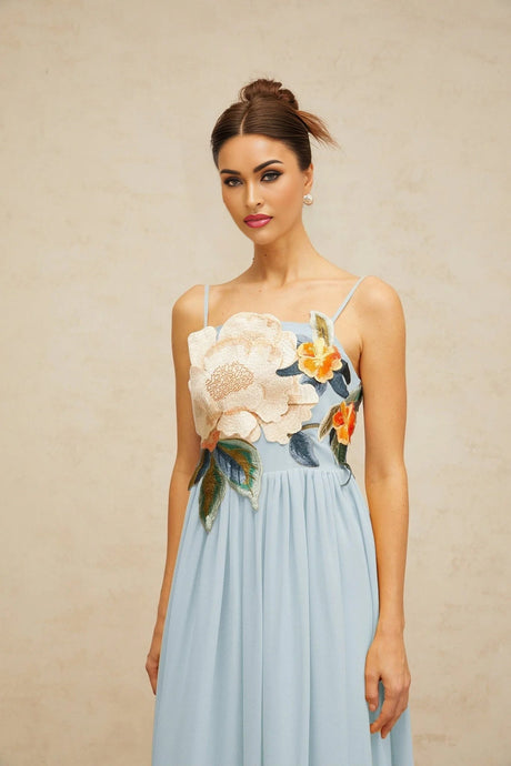Carly Maxi Dress Blue Floral Embroidered Shirred Square Neck & Sleeveless