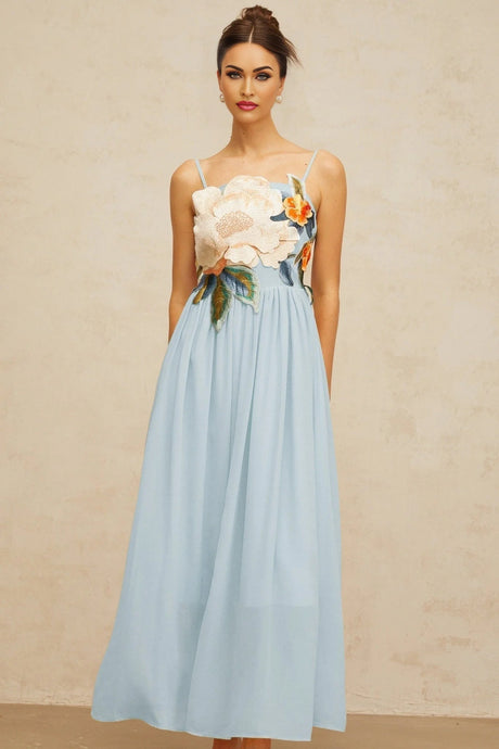 Carly Maxi Dress Blue Floral Embroidered Shirred Square Neck & Sleeveless