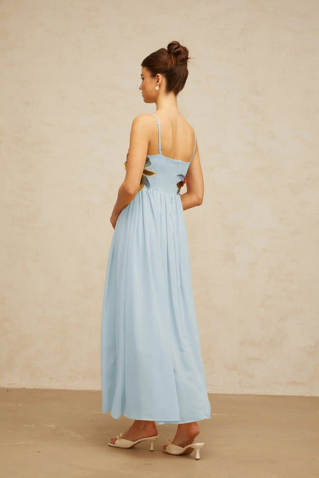 Carly Maxi Dress Blue Floral Embroidered Shirred Square Neck & Sleeveless