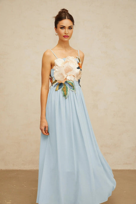 Carly Maxi Dress Blue Floral Embroidered Shirred Square Neck & Sleeveless