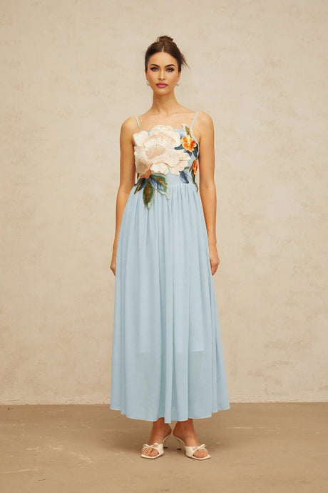 Carly Maxi Dress Blue Floral Embroidered Shirred Square Neck & Sleeveless