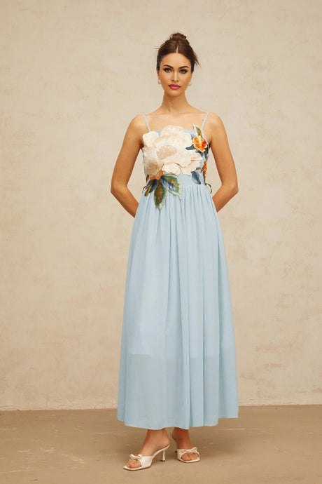 Carly Maxi Dress Blue Floral Embroidered Shirred Square Neck & Sleeveless