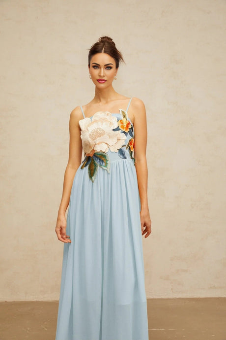 Carly Maxi Dress Blue Floral Embroidered Shirred Square Neck & Sleeveless